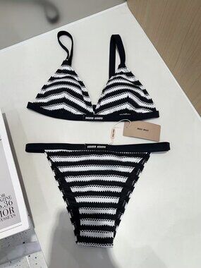 Miu Miu Black & White Striped Crochet Bikini Set